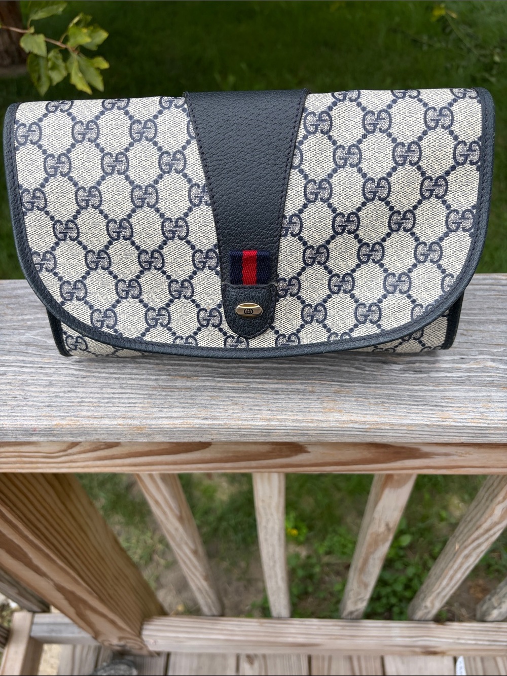 Gucci Vintage GG Sherry Blue Monogram Clutch with Blue Trim and Red-Blue